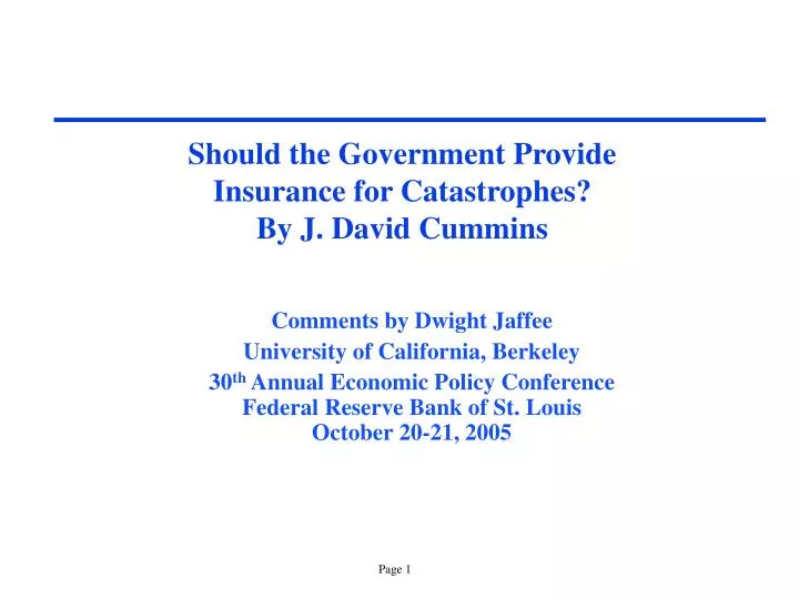 should the government provide insurance for catastrophes by j david cummins