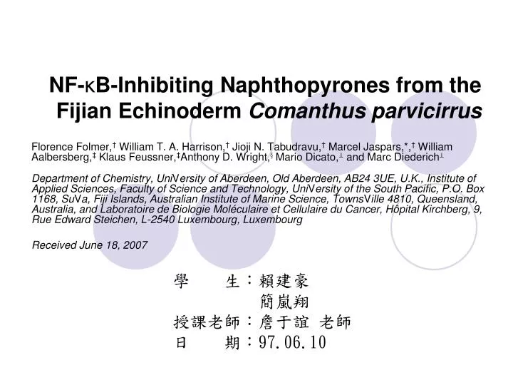 nf b inhibiting naphthopyrones from the fijian echinoderm comanthus parvicirrus