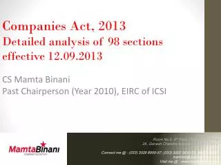 Companies Act, 2013 Detailed analysis of 98 sections effective 12.09.2013 CS Mamta Binani
