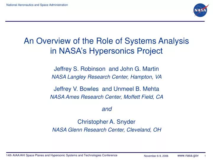 an overview of the role of systems analysis in nasa s hypersonics project