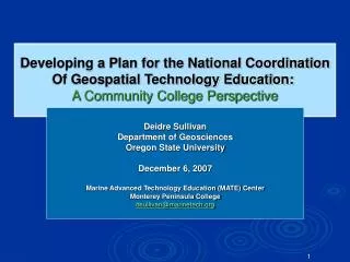 Developing a Plan for the National Coordination Of Geospatial Technology Education: