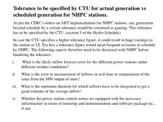 Tolerance to be specified by CTU for actual generation vs scheduled generation for NHPC stations.