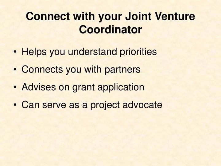 connect with your joint venture coordinator