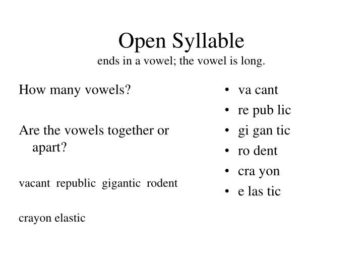 open syllable ends in a vowel the vowel is long