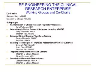 RE-ENGINEERING THE CLINICAL RESEARCH ENTERPRISE Working Groups and Co-Chairs