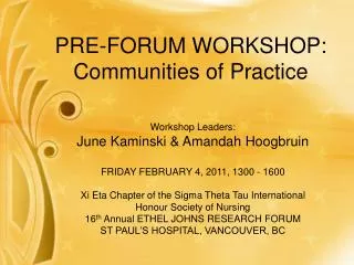 PRE-FORUM WORKSHOP: Communities of Practice