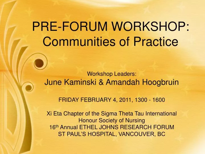 pre forum workshop communities of practice