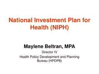 National Investment Plan for Health (NIPH)