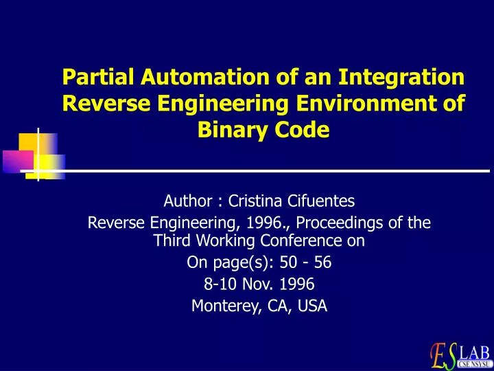 partial automation of an integration reverse engineering environment of binary code