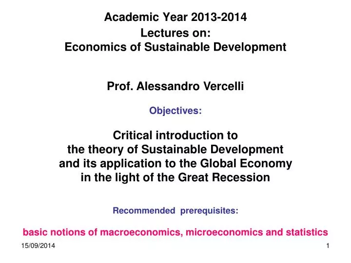 academic year 2013 2014 lectures on economics of sustainable development