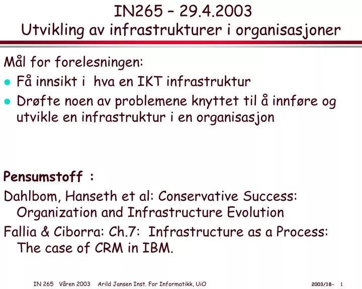 in265 29 4 2003 utvikling av infrastrukturer i organisasjoner