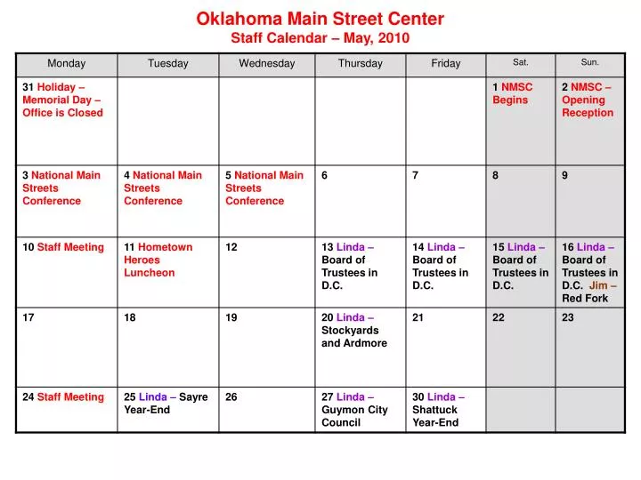 oklahoma main street center staff calendar may 2010