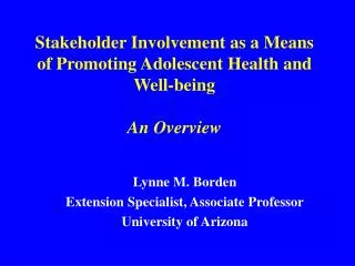 Stakeholder Involvement as a Means of Promoting Adolescent Health and Well-being An Overview