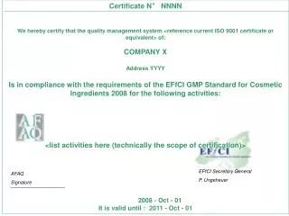 Certificate N° NNNN