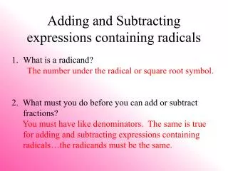 Adding and Subtracting expressions containing radicals