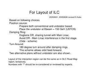For Layout of ILC 20050601, 20050606 revised K.Kubo Based on following choices. Positron source: