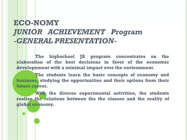 eco nom y junior achievement program general pre sentation