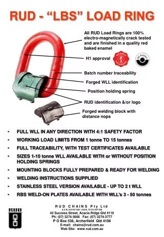 FULL WLL IN ANY DIRECTION WITH 4:1 SAFETY FACTOR WORKING LOAD LIMITS FROM 1 tonne TO 15 tonnes