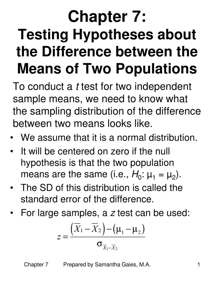 chapter 7 testing hypotheses about the difference between the means of two populations