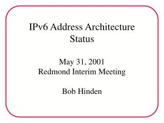 IPv6 Address Architecture Status May 31, 2001 Redmond Interim Meeting Bob Hinden