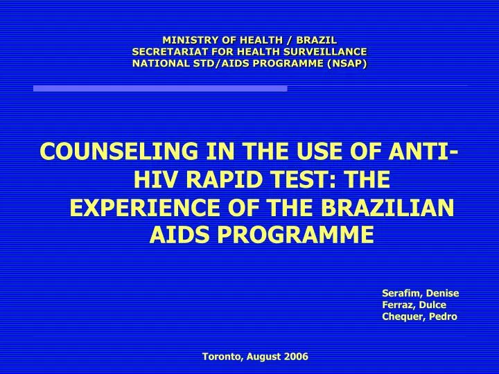 ministry of health brazil secretariat for health surveillance national std aids programme nsap