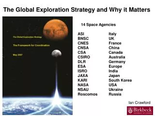 14 Space Agencies ASI 		Italy BNSC	 	UK CNES 		France CNSA 		China CSA 		Canada