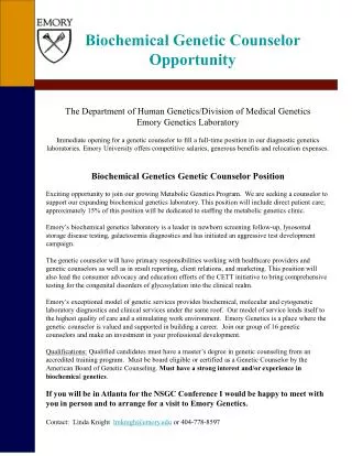 Biochemical Genetic Counselor Opportunity