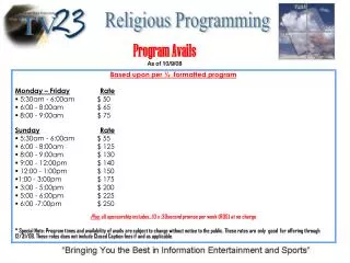 Program Avails As of 10/9/08