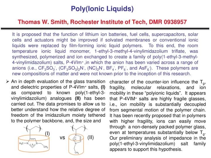 poly ionic liquids thomas w smith rochester institute of tech dmr 0938957