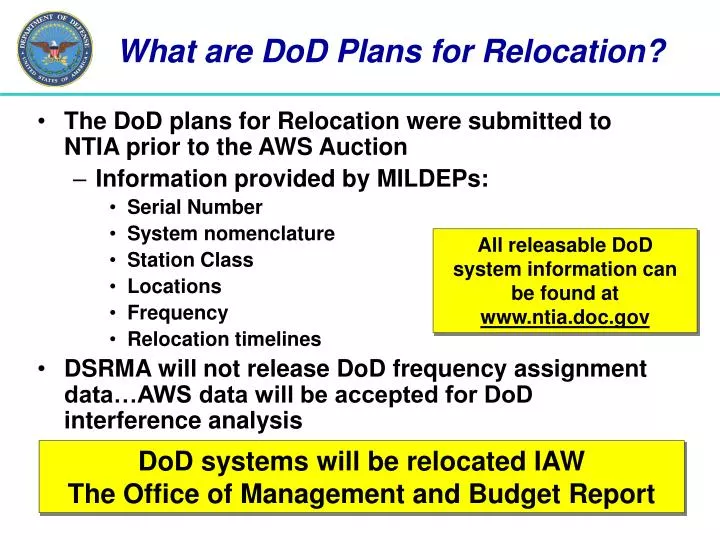 what are dod plans for relocation