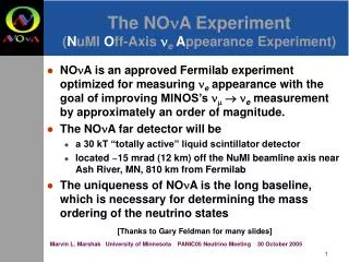 The NO n A Experiment ( N uMI O ff-Axis n e A ppearance Experiment)