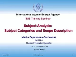 INIS Training Seminar Subject Analysis: Subject Categories and Scope Description