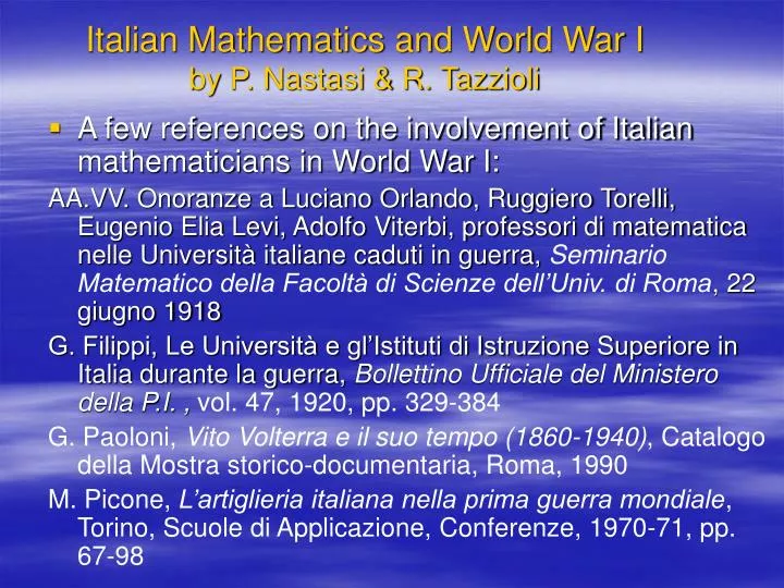 italian mathematics and world war i by p nastasi r tazzioli