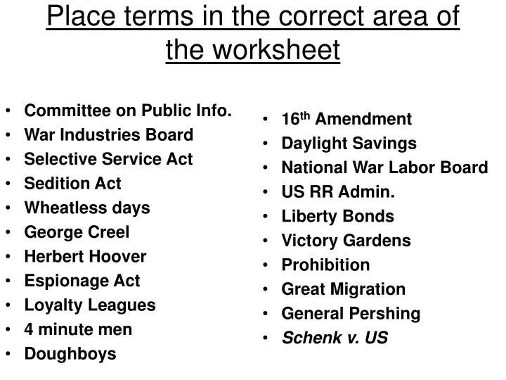 place terms in the correct area of the worksheet