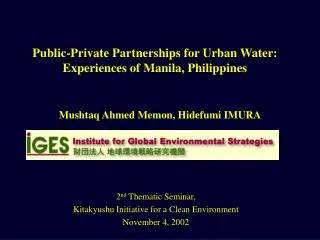 Public-Private Partnerships for Urban Water: Experiences of Manila, Philippines