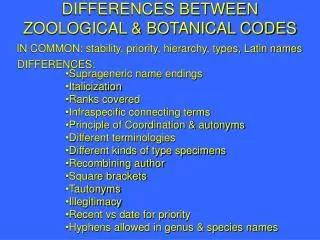 DIFFERENCES BETWEEN ZOOLOGICAL &amp; BOTANICAL CODES