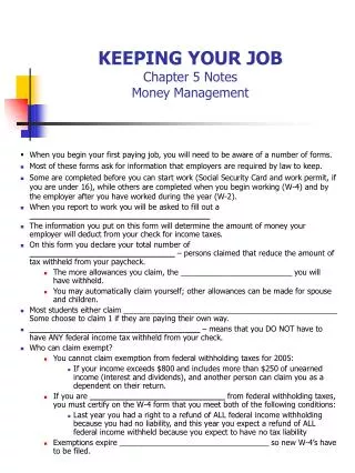 KEEPING YOUR JOB Chapter 5 Notes Money Management