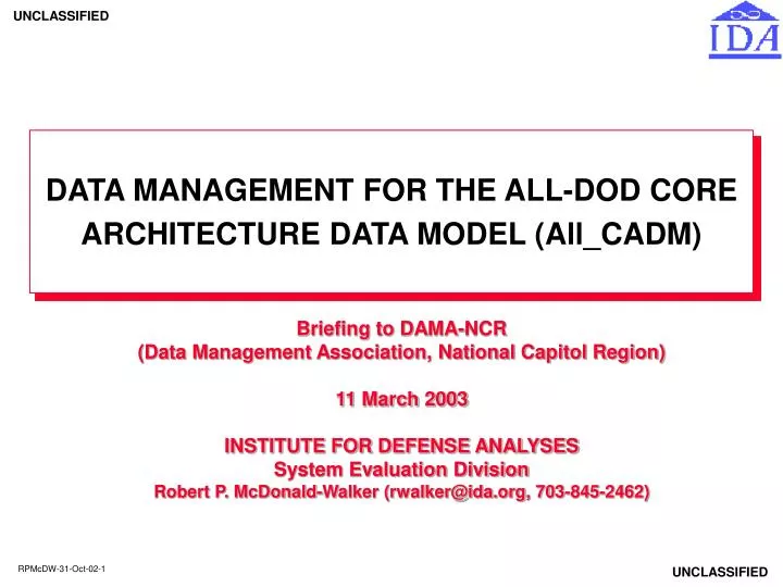 data management for the all dod core architecture data model all cadm
