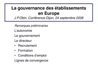 la gouvernance des tablissements en europe j p obin conf rence dijon 24 septembre 2008