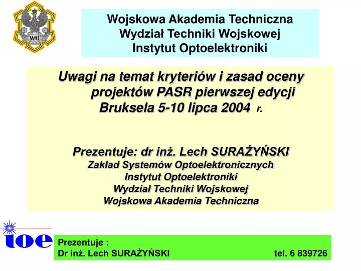 wojskowa akademia techniczna wydzia techniki wojskowej instytut optoelektroniki