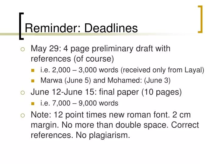 reminder deadlines