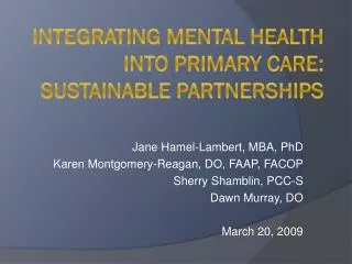 Integrating Mental Health into Primary Care: Sustainable Partnerships