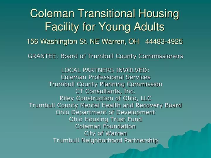 coleman transitional housing facility for young adults 156 washington st ne warren oh 44483 4925