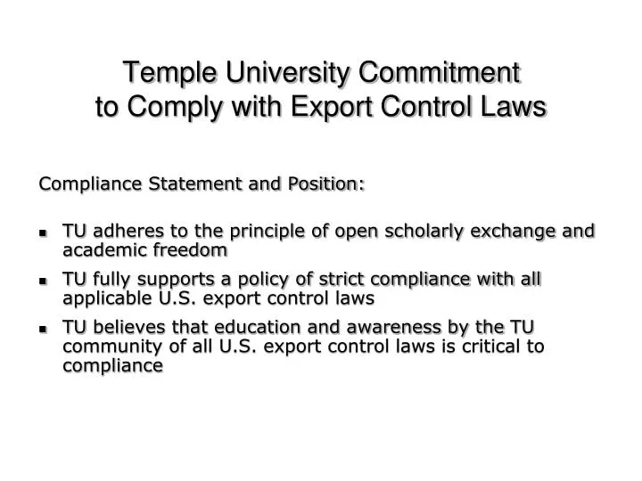 temple university commitment to comply with export control laws