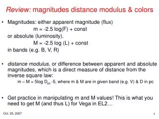 Review: magnitudes distance modulus &amp; colors