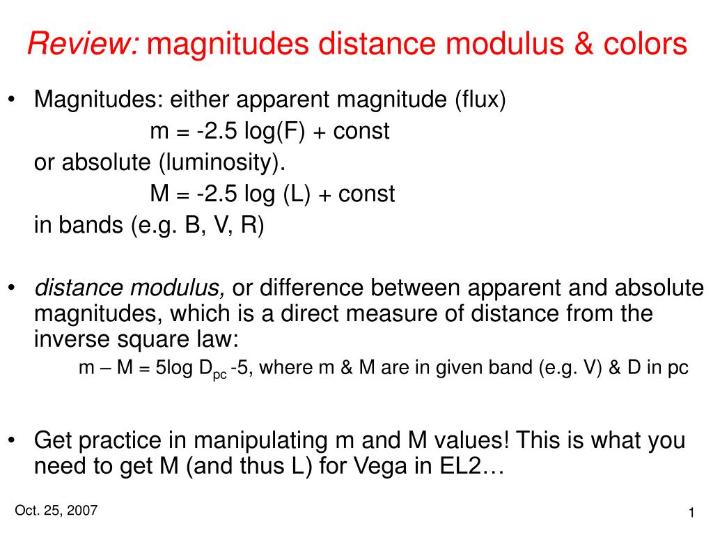 PPT - Review: magnitudes distance modulus & colors PowerPoint ...
