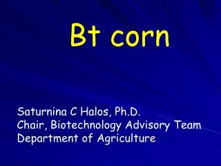 Bt corn Saturnina C Halos, Ph.D. Chair, Biotechnology Advisory Team Department of Agriculture