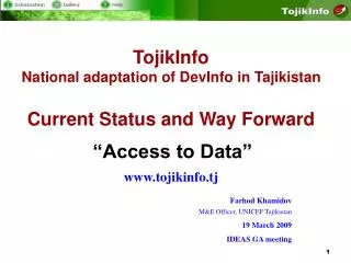 TojikInfo National adaptation of DevInfo in Tajikistan Current Status and Way Forward