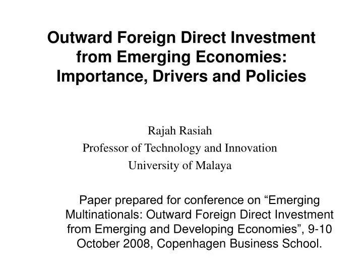 outward foreign direct investment from emerging economies importance drivers and policies