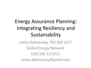 Energy Assurance Planning: Integrating Resiliency and Sustainability